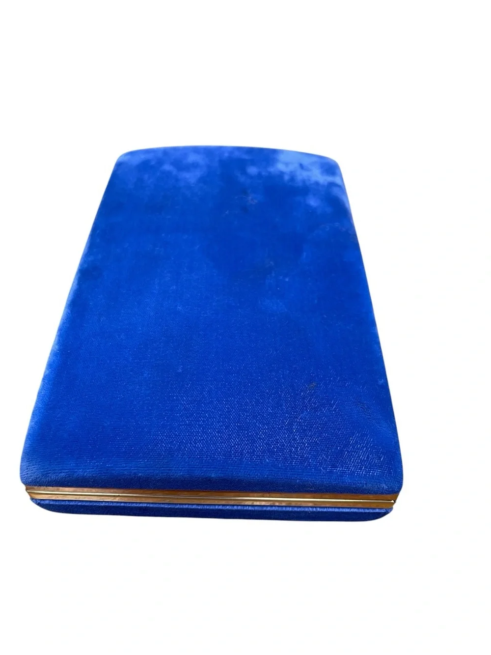 Vintage Blue Jewelry Box Triple Mirror Ring Holder Vanity Case Gold Trim